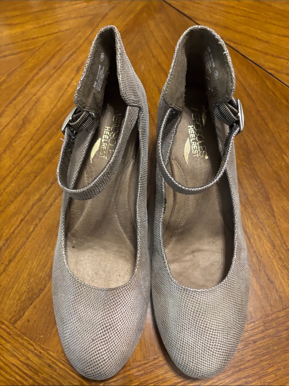 AEROSOLES Metallic Gold Textured Mary Jane Heels with Ankle Strap